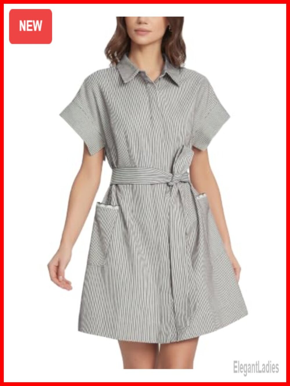Striped Button Front Shirt Dress Tie Waist Mini Cotton Blend